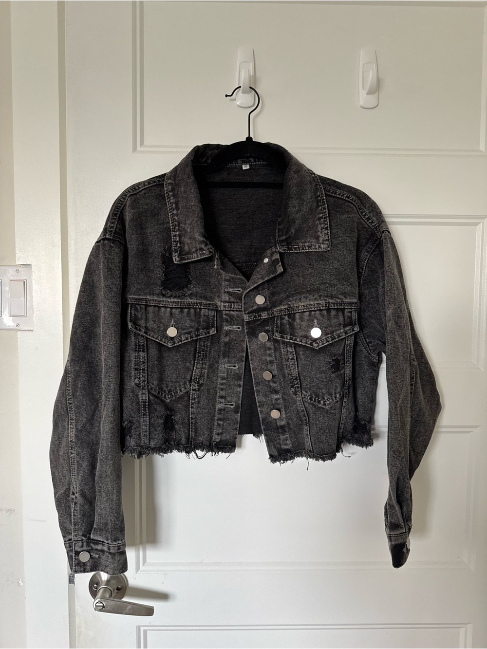 Cropped Oversized Distressed Black Denim Jacket